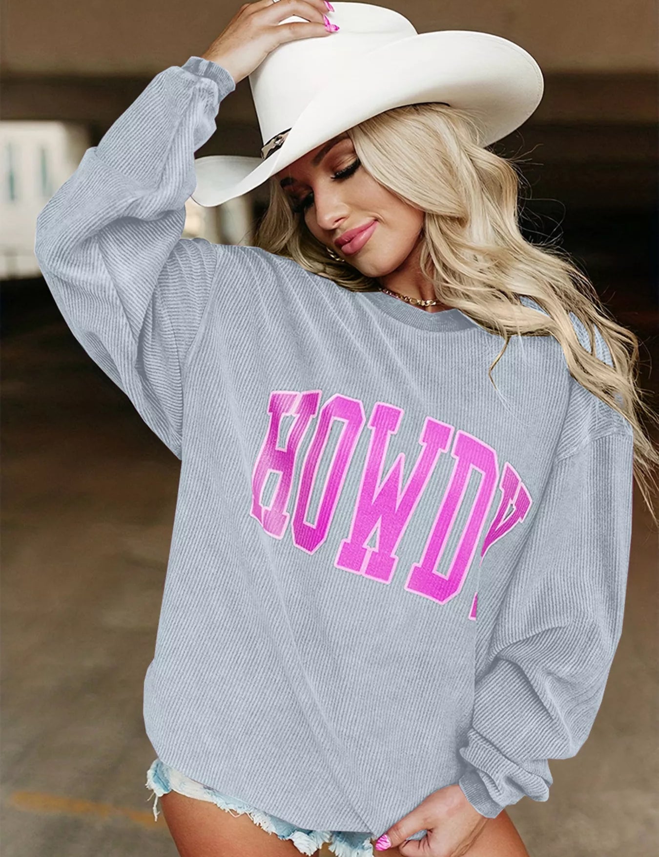 Silver Full Size Howdy Round Neck Oversized Sweatshirt Plus Size | Sweatshirts Daverri Fashions