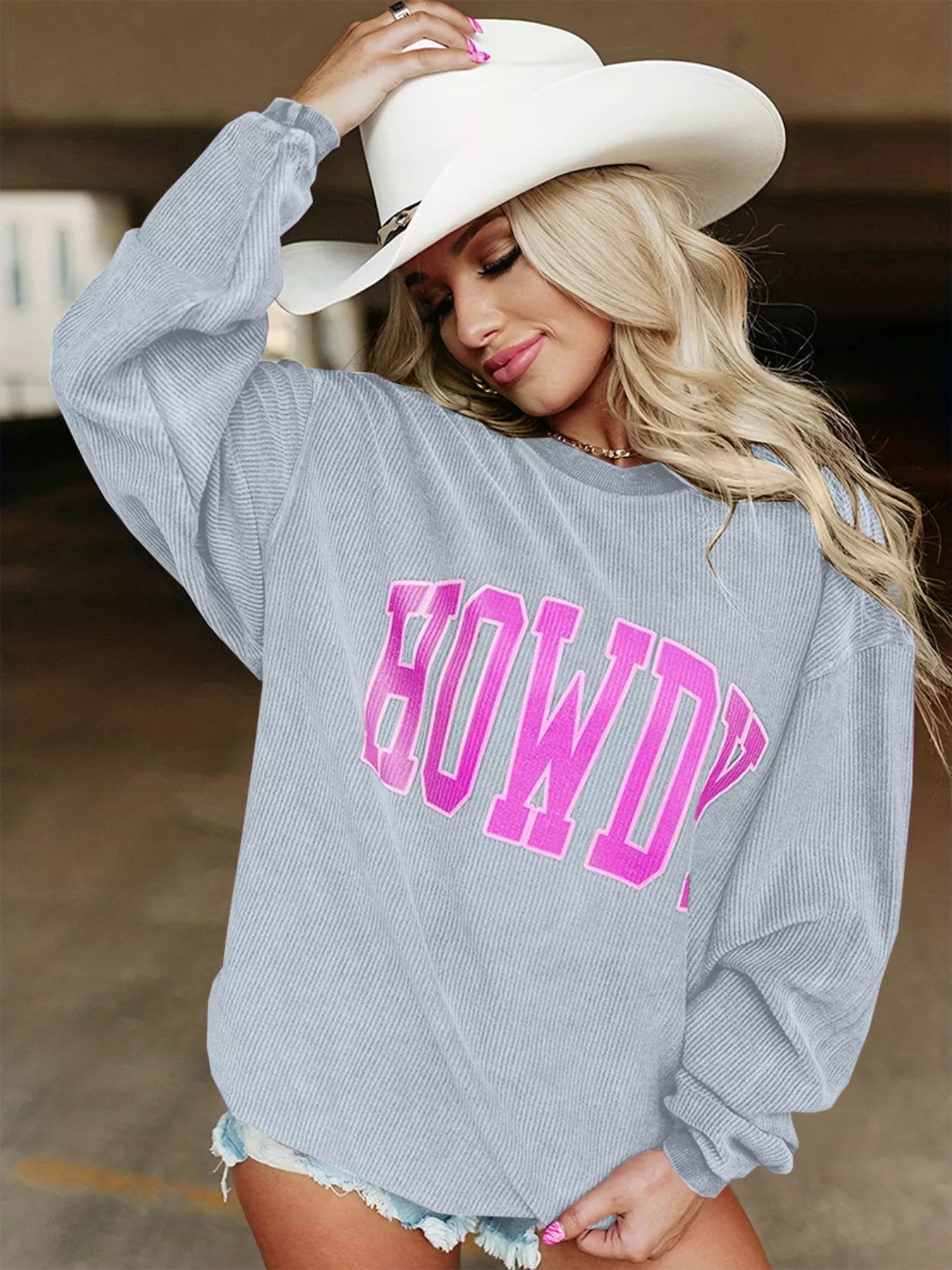 Silver Full Size Howdy Round Neck Oversized Sweatshirt Plus Size | Sweatshirts Daverri Fashions