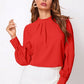 Red ruched mock neck long sleeve blouse with pleated collar