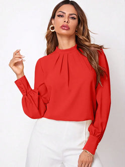 Red ruched mock neck long sleeve blouse with pleated collar