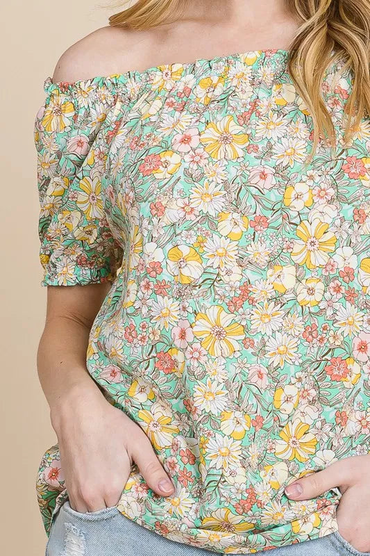 Lime 'N' Chili Floral Print Short Sleeve Off-The-Shoulder Blouse