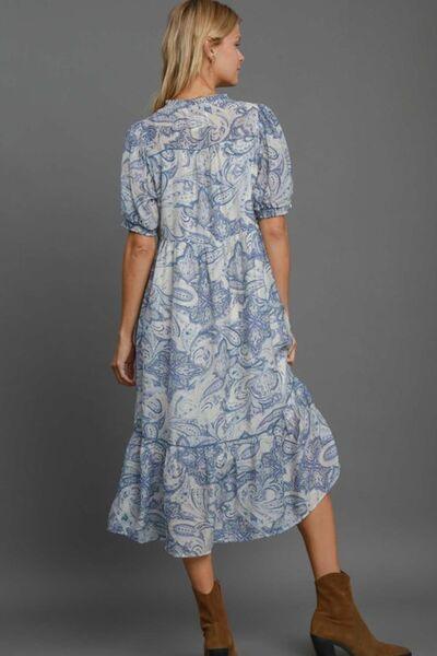 Umgee Full Size Printed Puff Short Sleeve Midi Dress Plus Size Mid Dresses