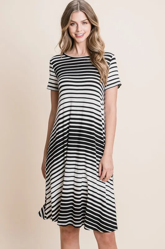 BOMBOM Casual Stripe Round Neck Tee Dress AS SHOWN