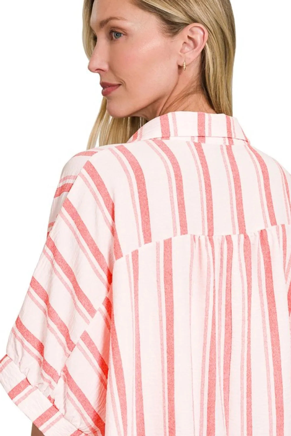 Zenana Woven Yarn-Dye Stripe Oversized Button Down Shirt | Daverri Fashions
