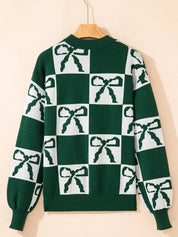 Checkered Bow Round Neck Casual Sweater | Sweaters Daverri Fashions