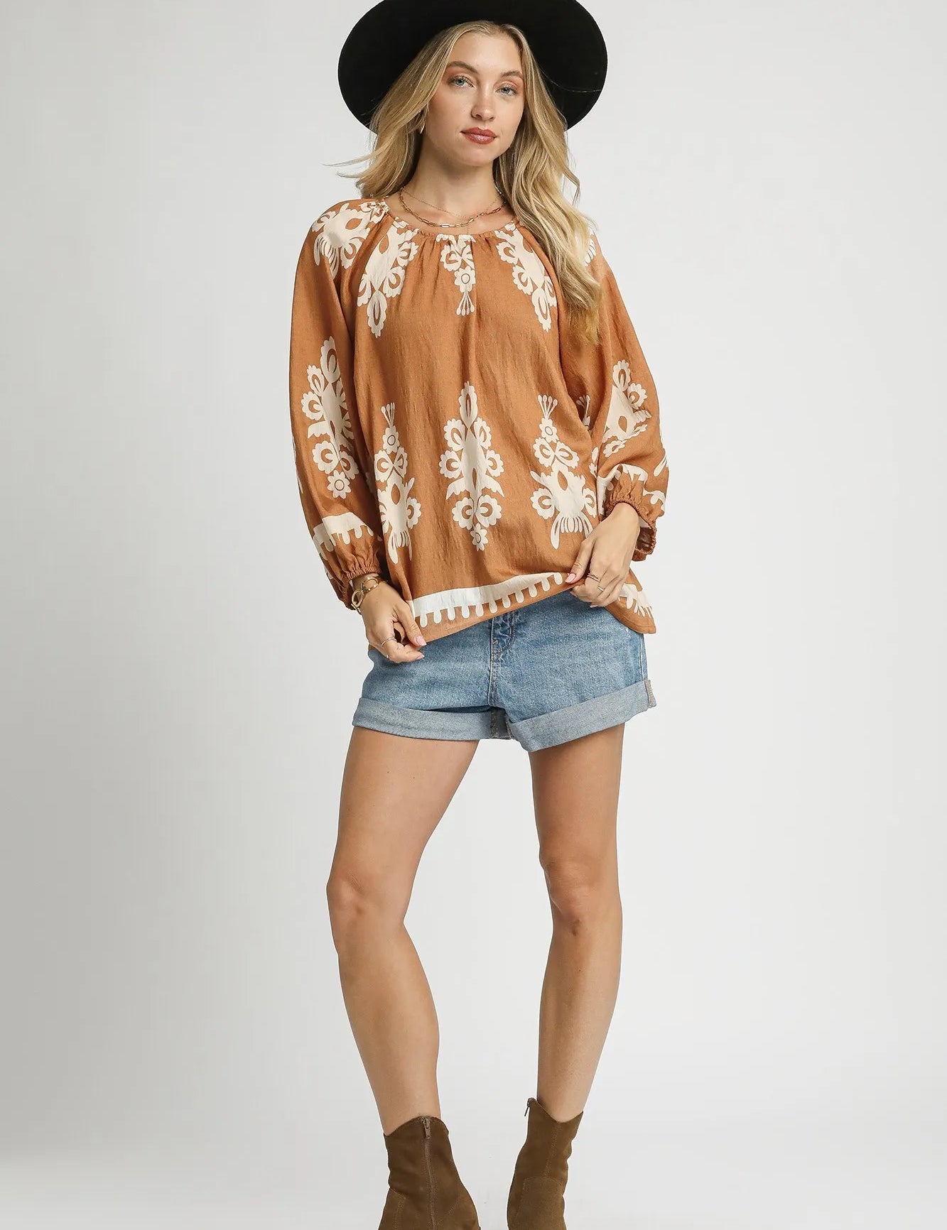 Umgee Full Size Two Tone Border Print Top with Balloon Sleeves Plus Size | Tops Daverri Fashions