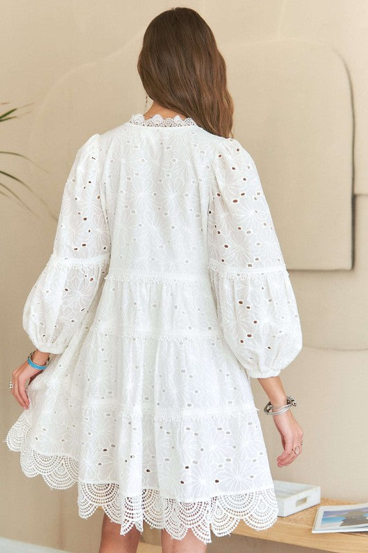 Lace Detail Tiered Eyelet V-Neck Babydoll Dress Midi Dresses