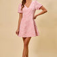 Delicate pink lace SO ME floral jacquard fit and flare mini dress with V-neck and puffed sleeves