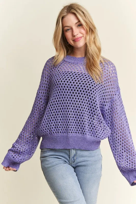 Adora Round Neck Lurex Crochet Top in soft lavender open-knit loose fit