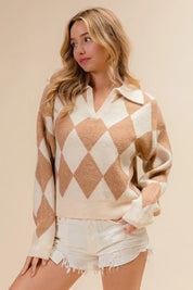 BiBi Diamond Pattern Collared Notch Neck Sweater | Sweaters Daverri Fashions