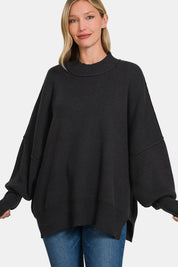 Zenana Side Slit Oversize Sweater Black | Sweaters Daverri Fashions