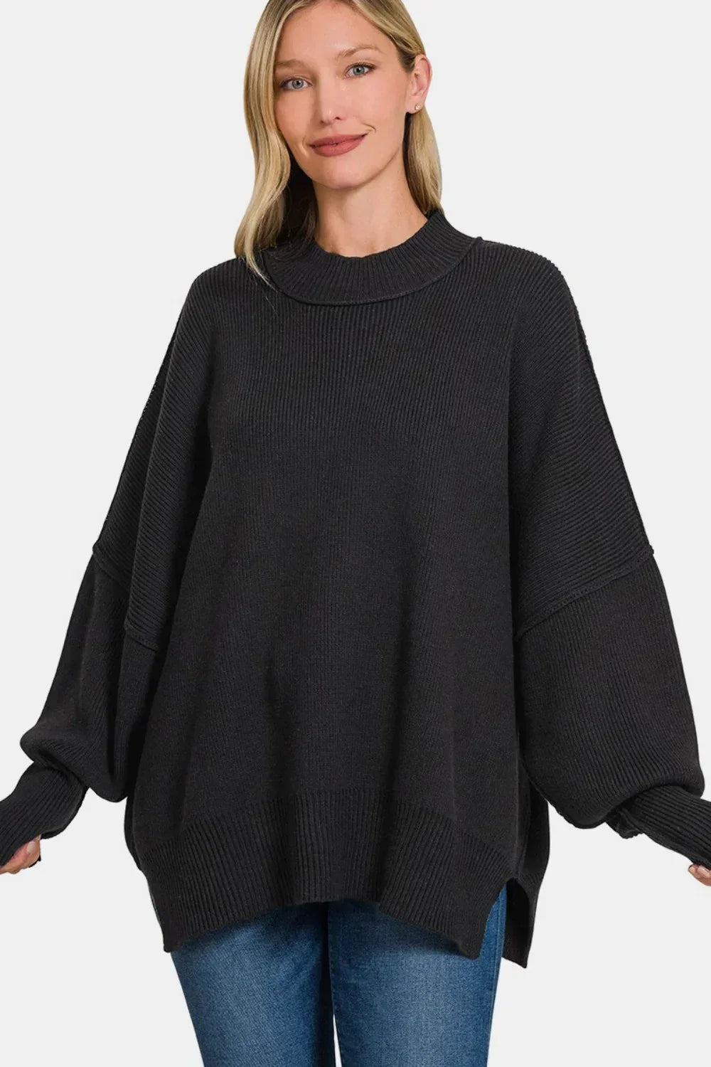 Zenana Side Slit Oversize Sweater Black - DAVERRI FASHIONS