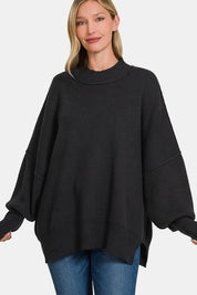 Black S M Zenana Side Slit Oversize Sweater Black | Sweaters Daverri Fashions