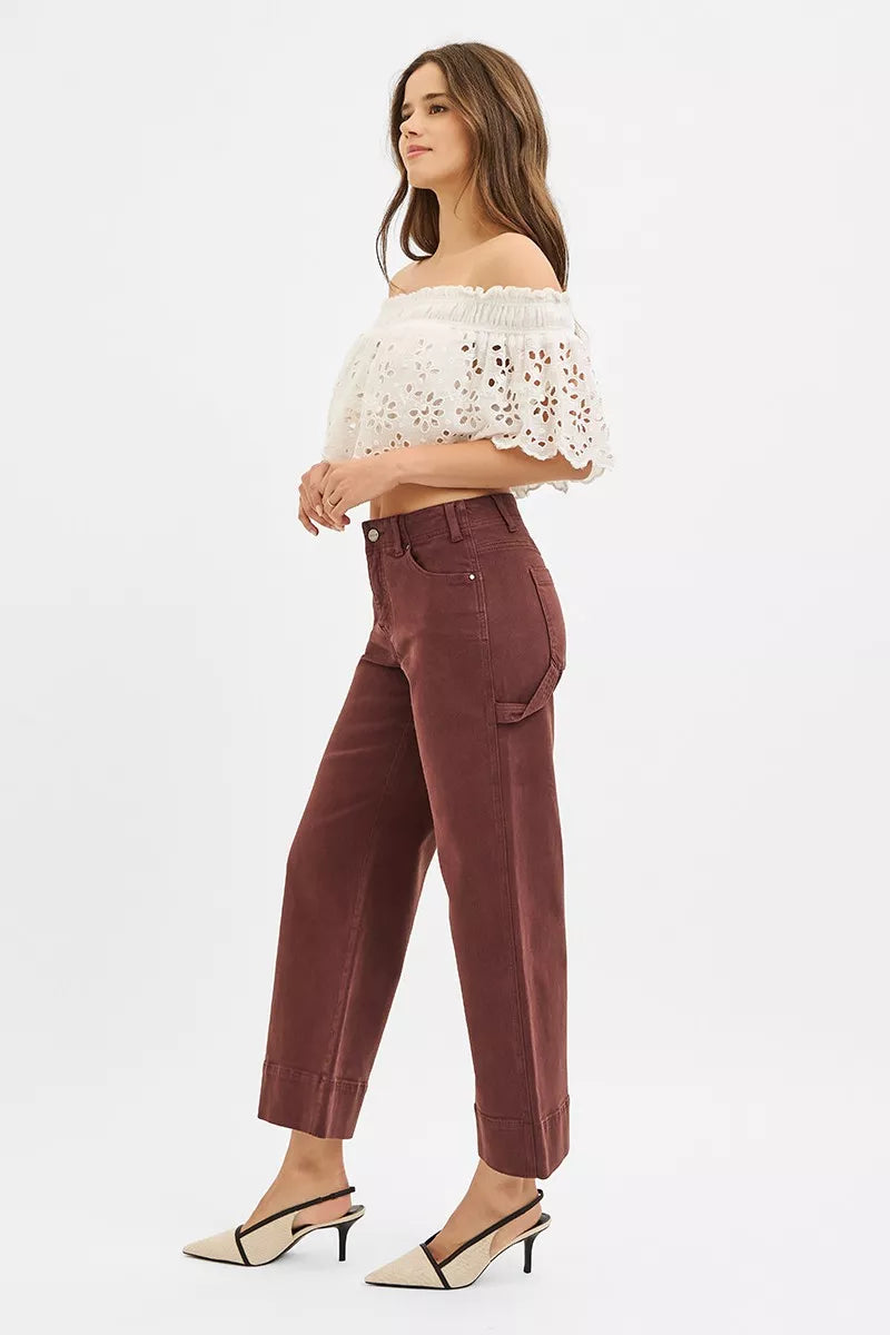 Maroon RISEN tummy control high-rise crop wide cargo pants with rolled cuffs