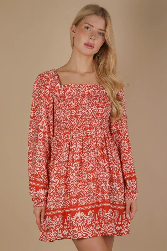 VERY J Printed Smocked Chest Boho Mini Dress | Mini Dresses Daverri Fashions