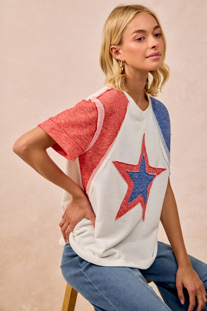 BiBi Contrast French Terry 4th of July star t-shirt, white red blue textured
