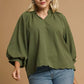 Umgee Full Size Textured Notched Balloon Sleeve Blouse Plus Size - DAVERRI FASHIONS