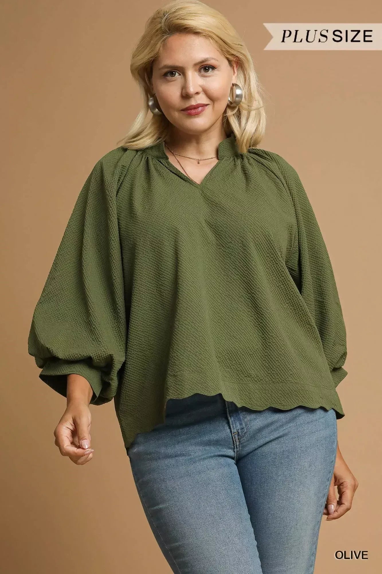 Umgee Full Size Textured Notched Balloon Sleeve Blouse Plus Size - DAVERRI FASHIONS