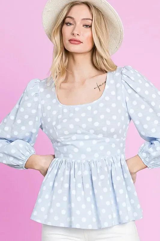 Lime 'N' Chili Polka Dot Print Balloon Sleeve Babydoll Peplum Top - DAVERRI FASHIONS