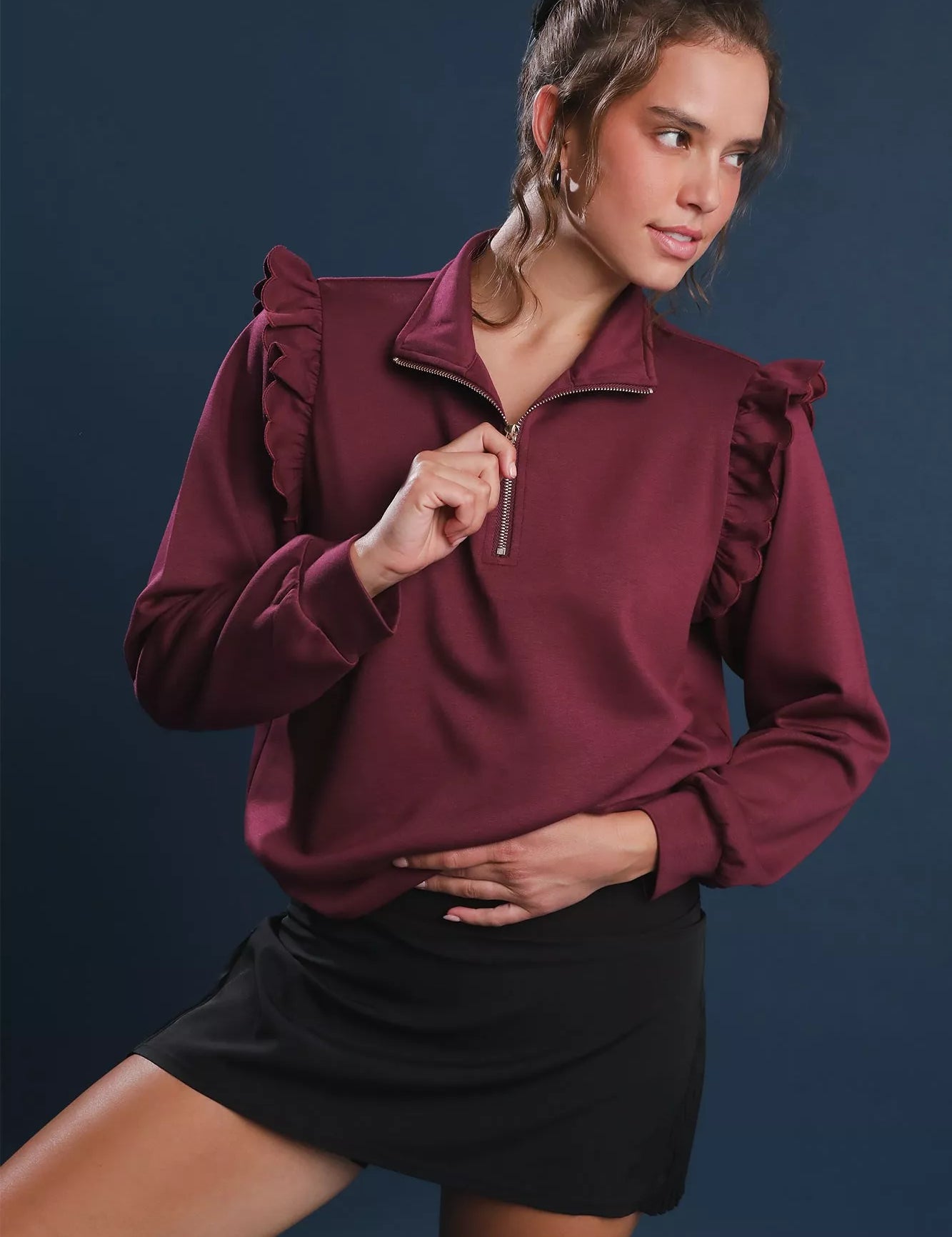 Umgee Luxeknit Ruffle Shoulder Quarter-Zip Sweatshirt | Sweatshirts Daverri Fashions