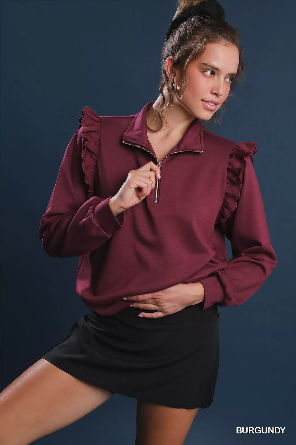 Umgee Luxeknit Ruffle Shoulder Quarter-Zip Sweatshirt | Sweatshirts Daverri Fashions