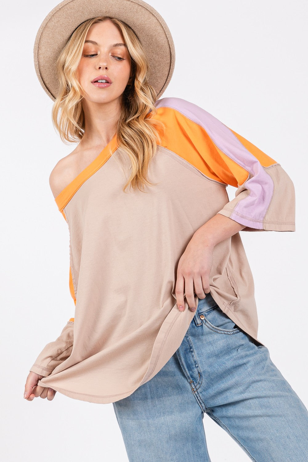 SAGE + FIG Color Block Curved Hem T-Shirt Latte