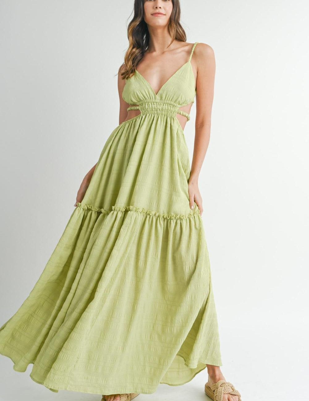 Sage MABLE Cutout Waist Backless Maxi Dress | Daverri Fashions