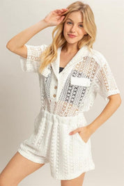 HYFVE Crochet Button Front Short Sleeve Romper | Rompers Daverri Fashions