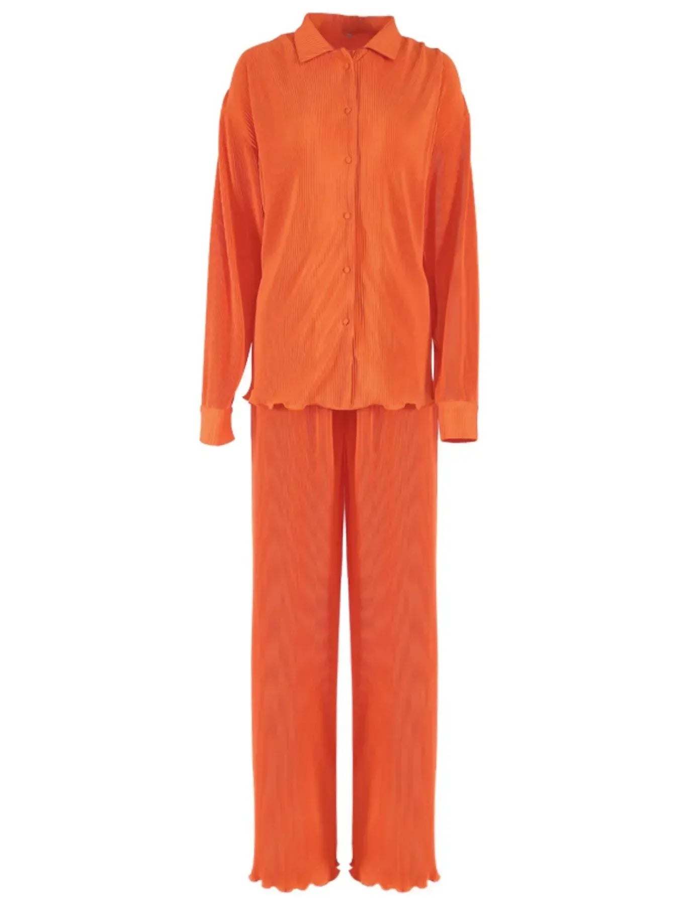 Button Up Long Sleeve Top and Pants Set - DAVERRI FASHIONS