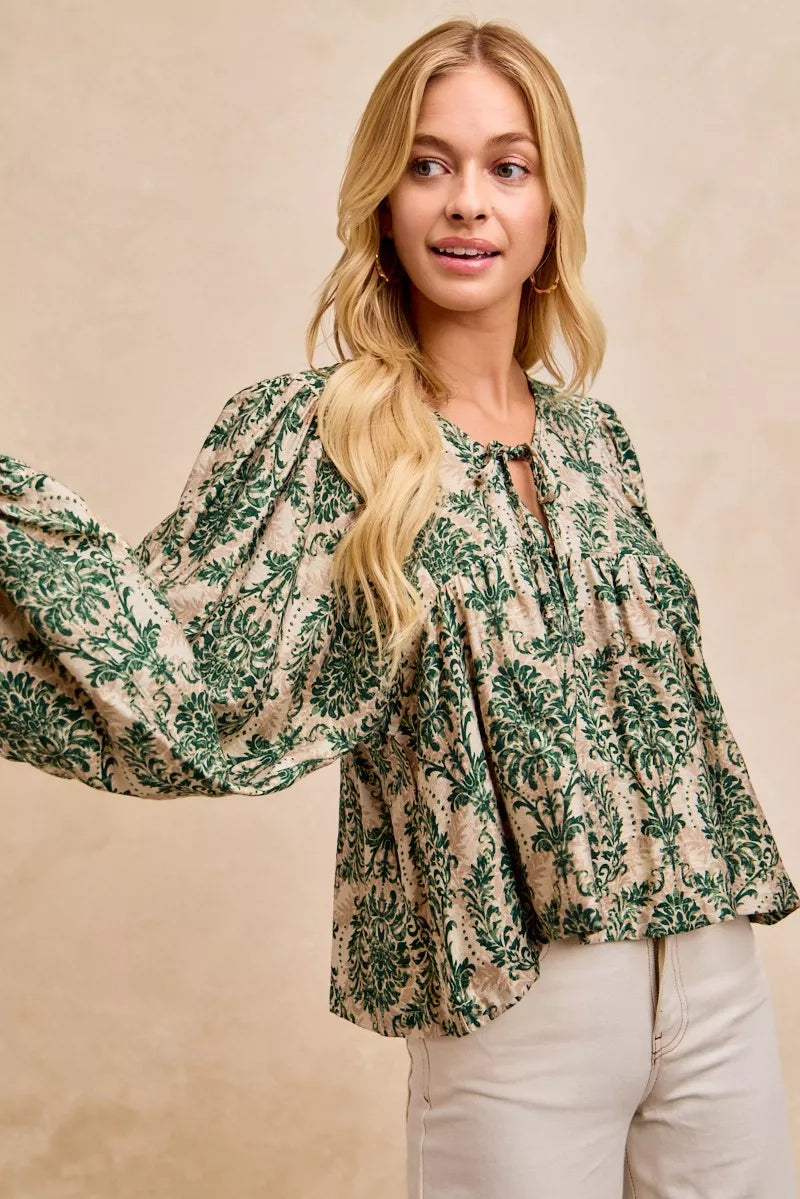 BiBi Printed Woven Front Tied Blouse with Baloon Sleeve | Blouses Daverri Fashions