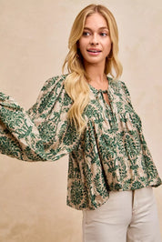 BiBi Printed Woven Front Tied Blouse with Baloon Sleeve | Blouses Daverri Fashions