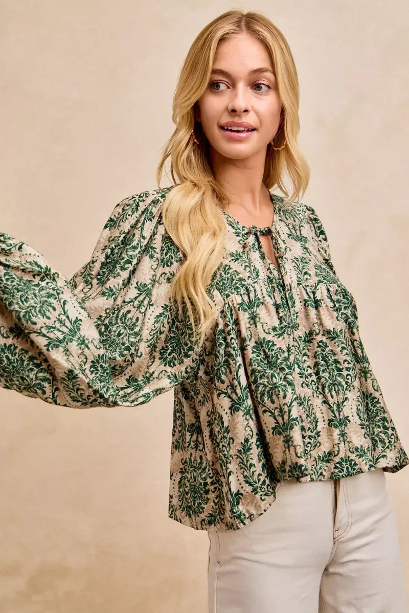 BiBi Printed Woven Front Tied Blouse with Baloon Sleeve - DAVERRI FASHIONS