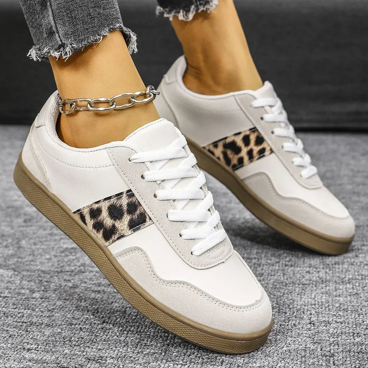 Leopard Lace Up Round Toe Sneakers - DAVERRI FASHIONS