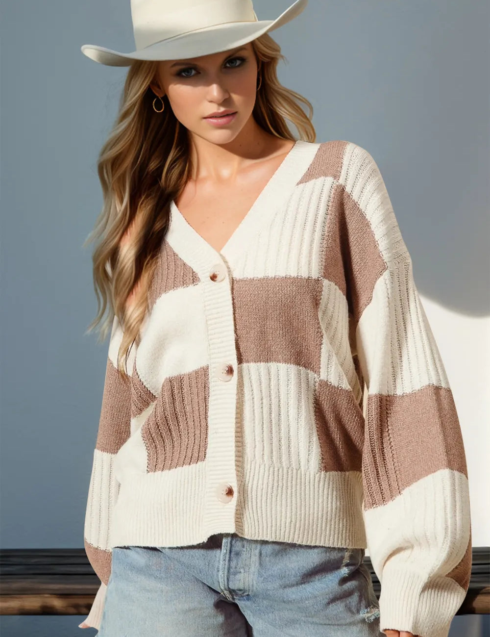 Mocha Double Take Full Size Checkered Dropped Shoulder Cardigan | Cardigans Daverri Fashions