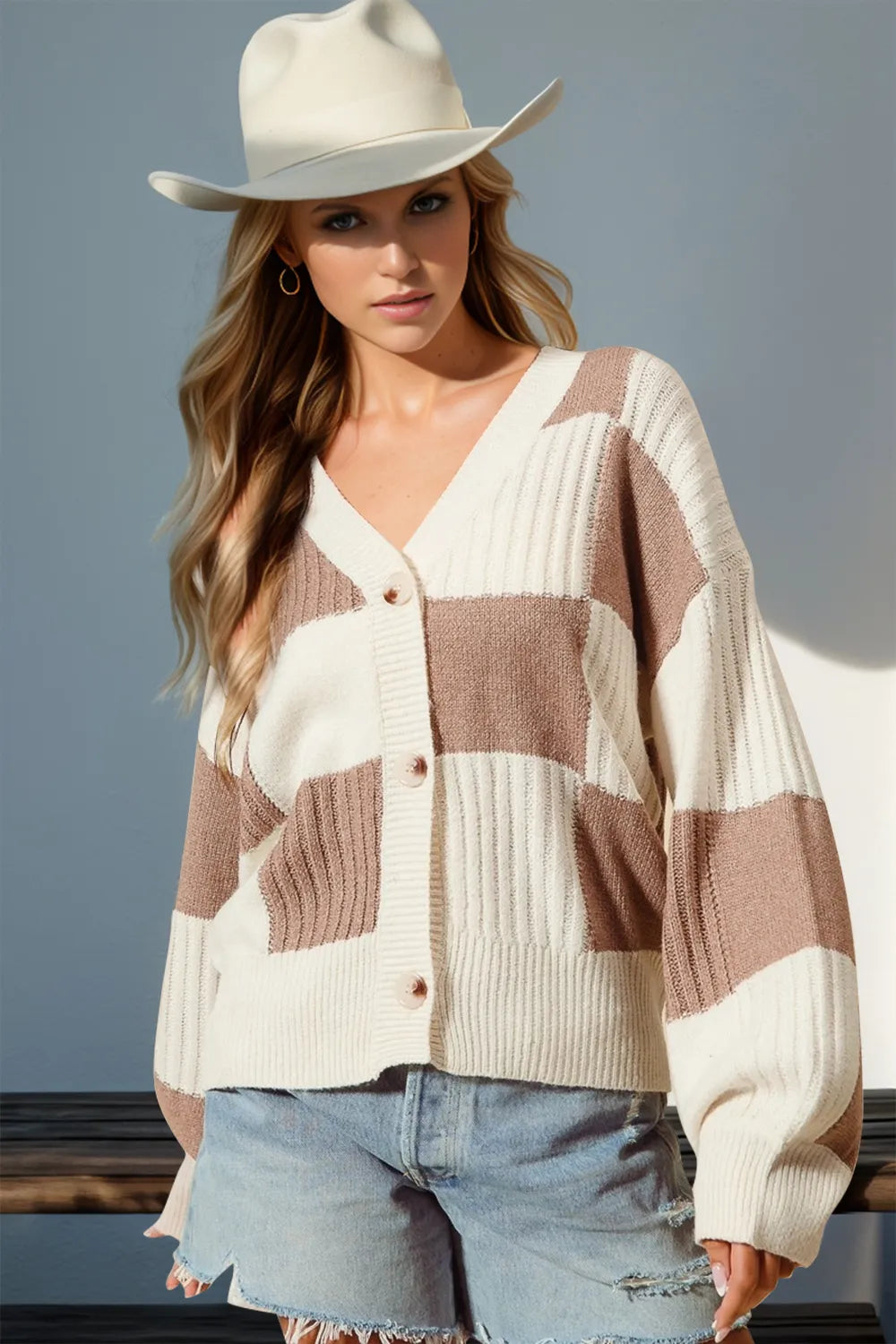 Mocha Double Take Full Size Checkered Dropped Shoulder Cardigan | Cardigans Daverri Fashions