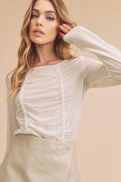 Aemi + Co Ruched Front Round Neck Long Sleeve T-Shirt | T-Shirts Daverri Fashions
