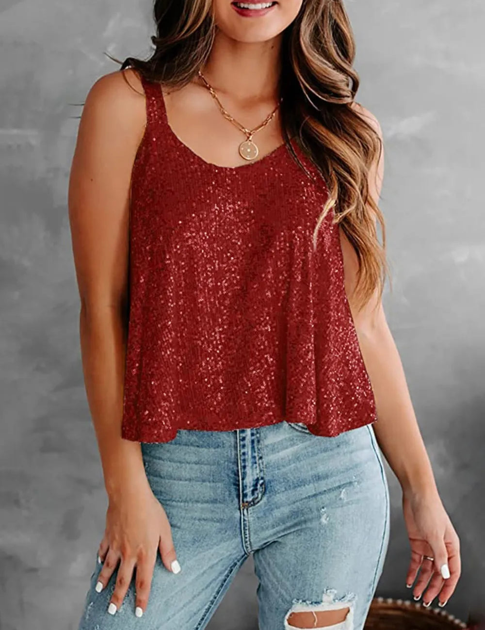 Burgundy Sequin Scoop Neck Tank | Tank Tops Daverri Fashions
