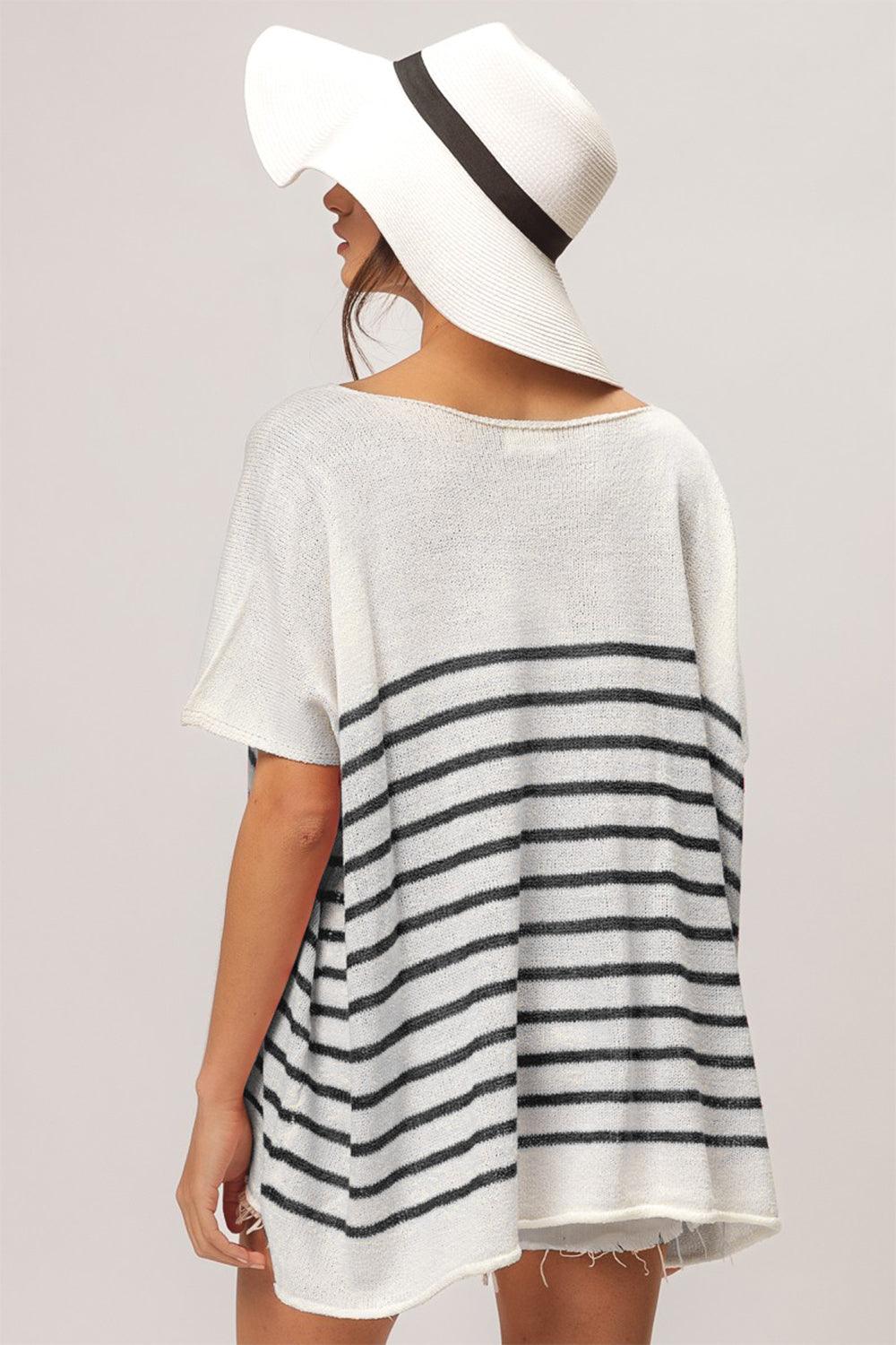 BiBi V Neck Striped Short Sleeve Top Shirts & Tops