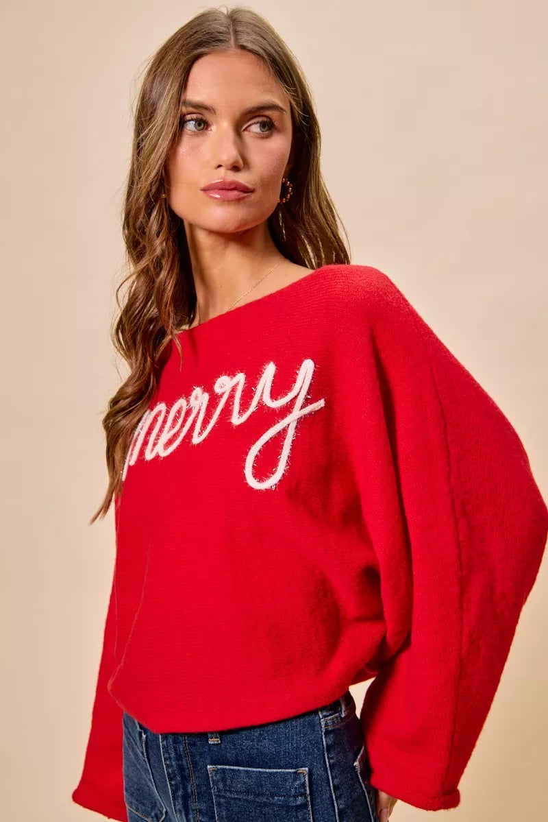 SO ME Merry Tinsel Lettering Christmas Sweater Top Red | Sweaters Daverri Fashions