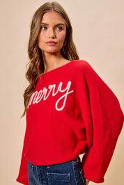 SO ME Merry Tinsel Lettering Christmas Sweater Top Red | Sweaters Daverri Fashions
