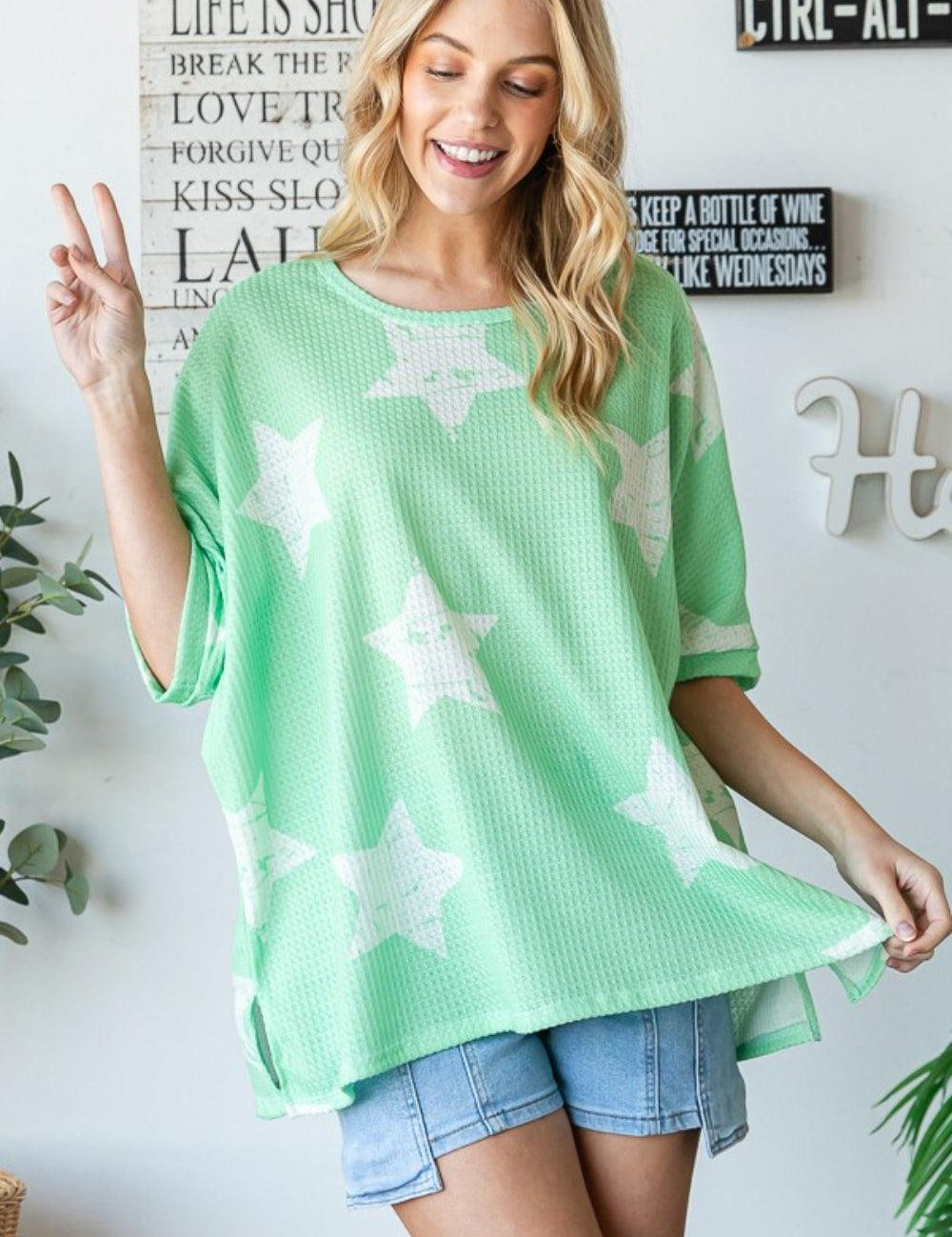 HOPELY Star Pattern Oversized Waffle T-Shirt Light Green Short Sleeve Tops