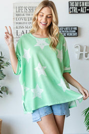 HOPELY Star Pattern Oversized Waffle T-Shirt Light Green Short Sleeve Tops