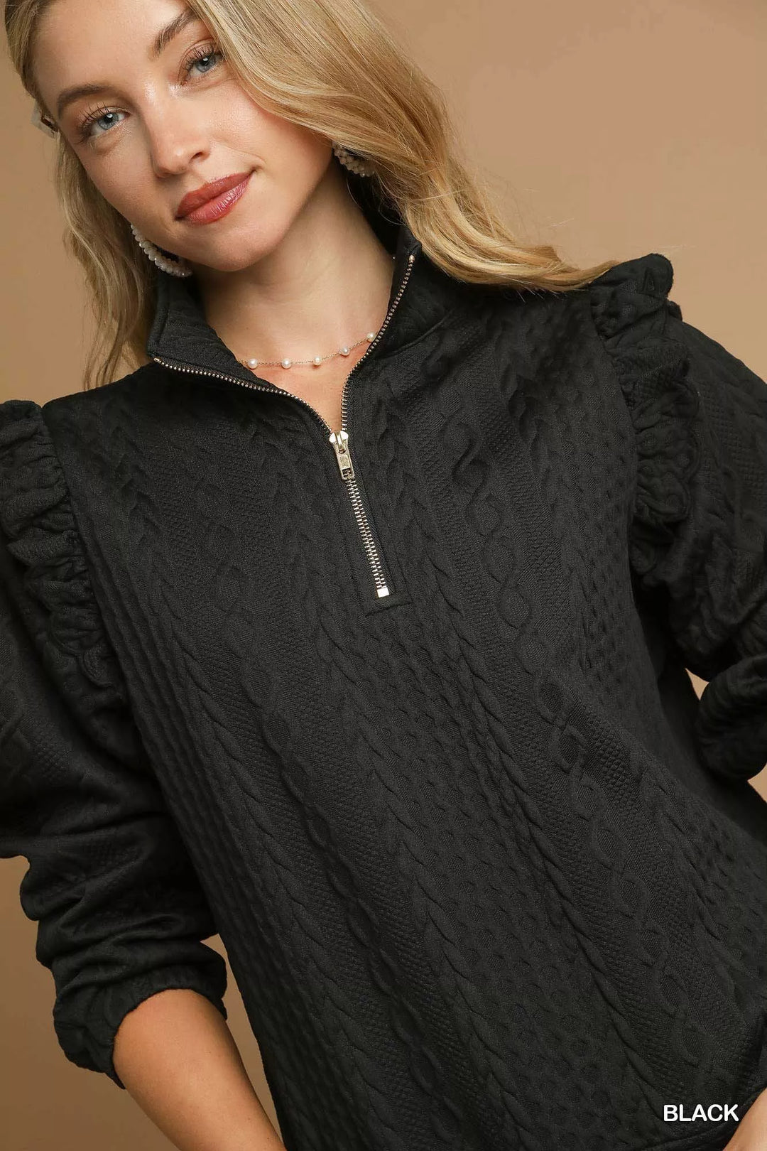 Umgee Cable Knit Textured Pullover with Ruffle Shoulders | Sweaters Daverri Fashions