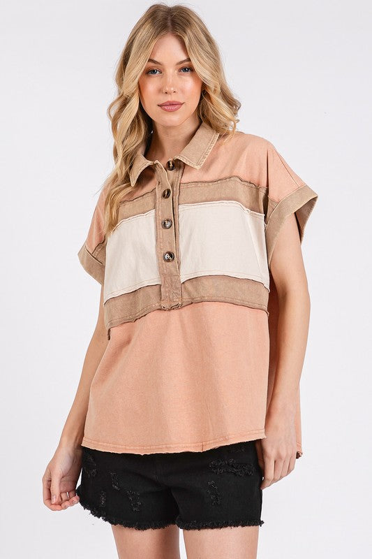 Mittoshop Mineral Washed Half Button Polo Top Apricot