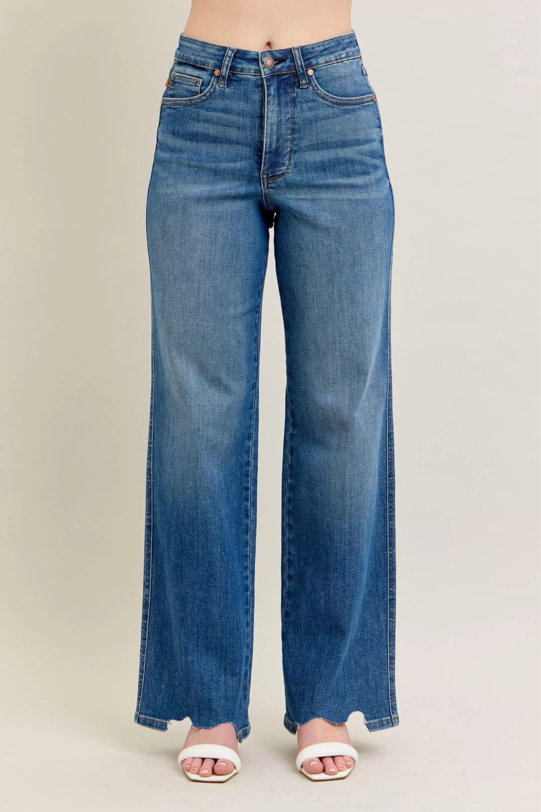 MD Judy Blue Full Size High Waist Tummy Control Chew Hem Destroy Wide Jeans Plus Size | Jeans Daverri Fashions