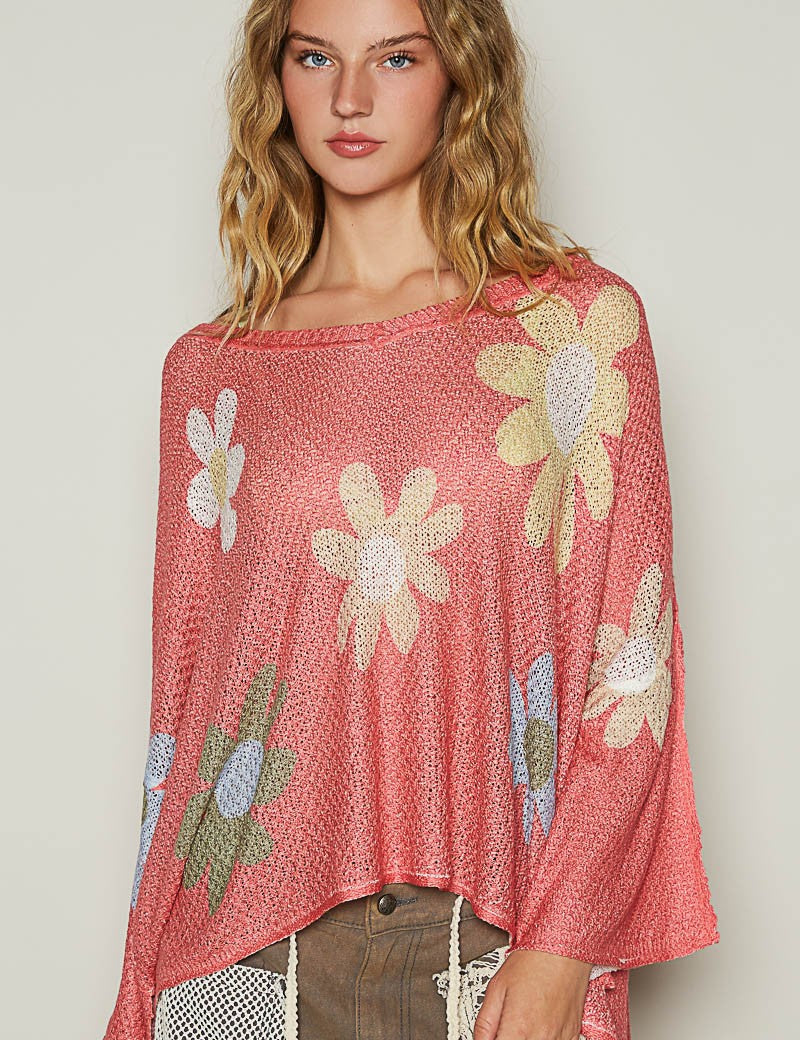 POL Flower Dropped Shoulder Long Sleeve Knit Top Burnt Coral