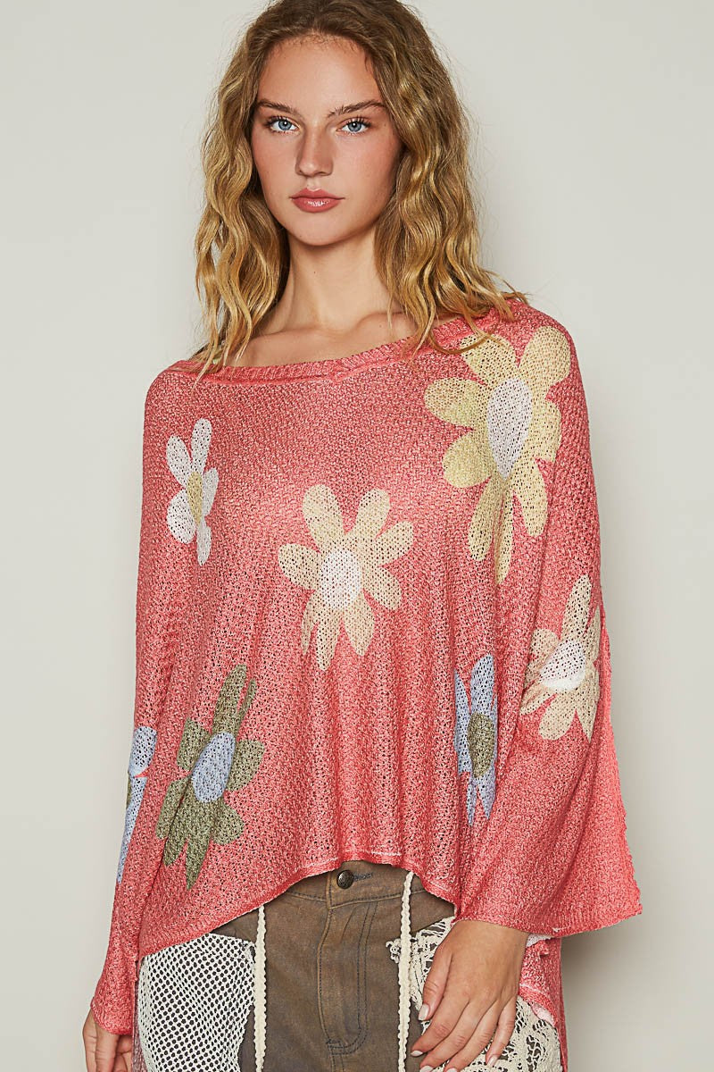 POL Flower Dropped Shoulder Long Sleeve Knit Top Burnt Coral