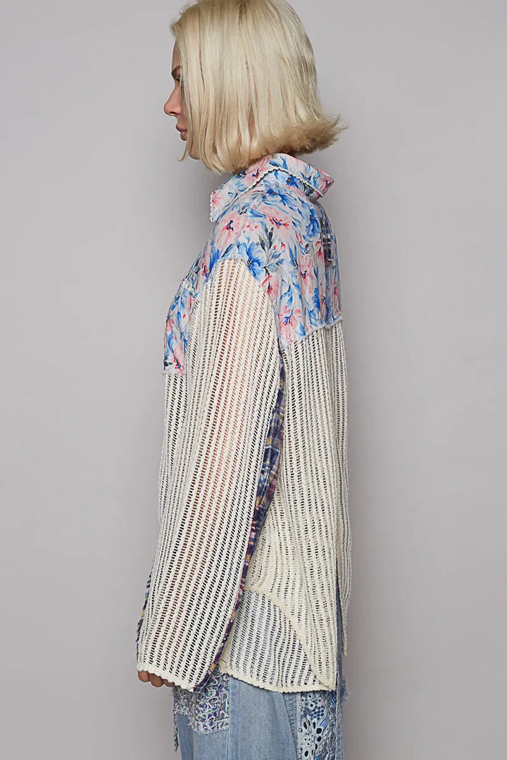 POL Floral Slit Back Plaid Patchwork Shirt Shirt