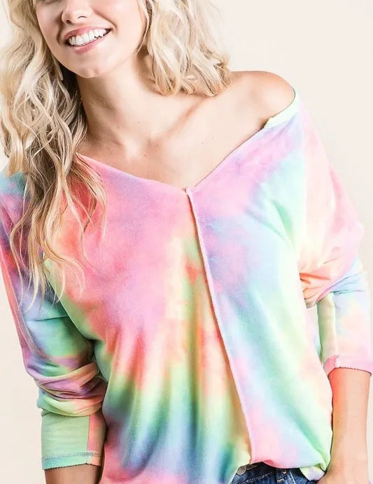 PASTEL TIE DYE BiBi Long Sleeve Tie-Dye Terry T-Shirt | T-Shirts Daverri Fashions