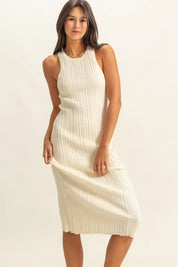 WHITE HYFVE White Round Neck Bodycon Ribbed Knit Dress | Midi Dresses Daverri Fashions